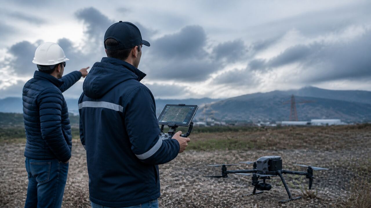 Pilotos revisando el plan de vuelo junto a un dron